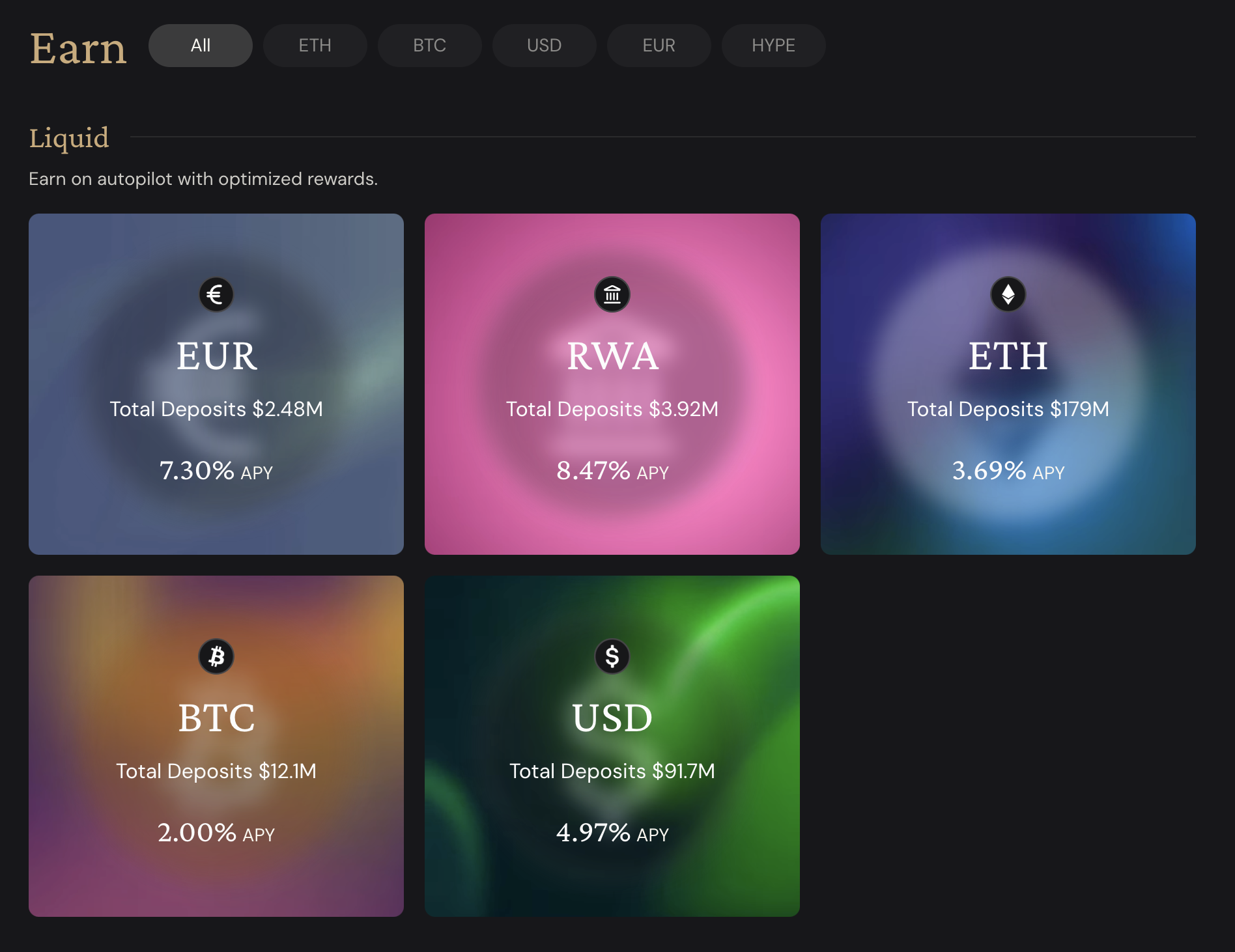 EtherFi earn page with APY cards for EUR, RWA, ETH, BTC, and USD